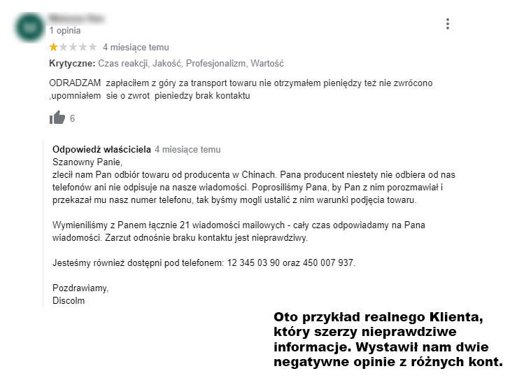 Komentarz, który szerzy nieprawdziwe informacje na temat naszej firmy 